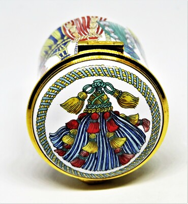 STAFFORDSHIRE ENGLISH ENAMEL STAMP  BOX - COLORFUL BRAIDED TASSELS