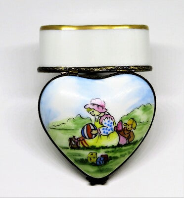 LIMOGES FRANCE BOX ~ HEART & GIRL & TOYS ON GRASS ~ DOLL & BALL ~ PEINT MAIN