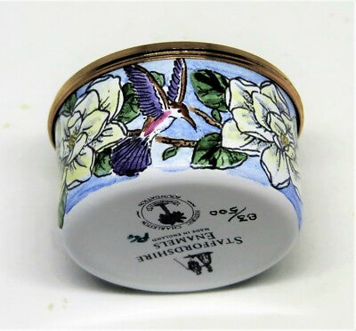 STAFFORDSHIRE ENGLISH ENAMEL BOX - MAGNOLIA FLOWERS & HUMMINGBIRDS - CHARLESTON