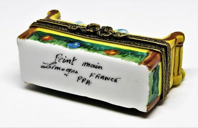 LIMOGES FRANCE BOX- PIERRE ARQUIE - GARDEN OR PARK BENCH - HAT & SHAWL - FLOWERS