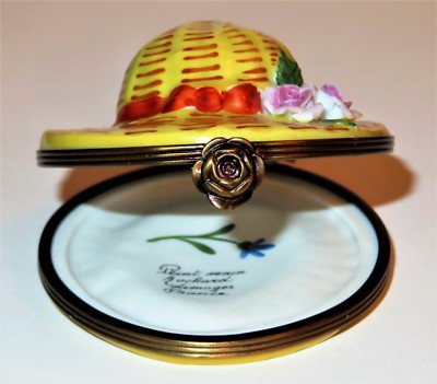 LIMOGES FRANCE BOX ~ROCHARD~ VINTAGE STRAW SUMMER HAT & BISQUE ROSES ~ GARDENING