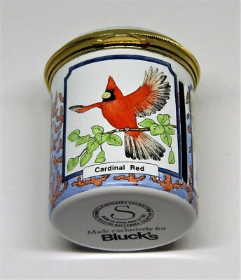 STAFFORDSHIRE ENGLISH ENAMEL STAMP BOX - BIRDS & BERMUDA FLOWERS - BLUEBIRD