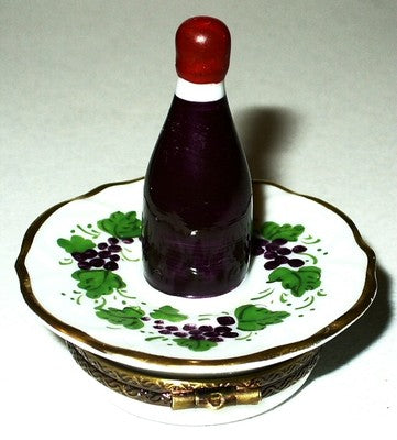 LIMOGES FRANCE BOX ~ PARRY-VIELLE ~ WINE BOTTLE ON A PLATE ~ GRAPES ~ PEINT MAIN