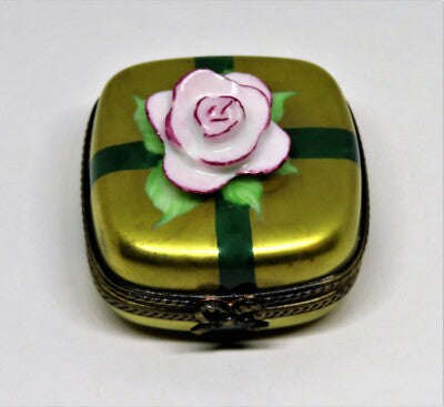 LIMOGES FRANCE - GOLD GIFT BOX & PINK BISQUE ROSE & GREEN RIBBON -ANNIVERSARY