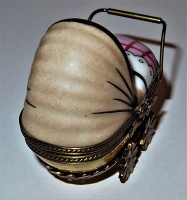 LIMOGES FRANCE BOX- ROCHARD - WICKER BABY CARRIAGE & PINK BLANKET & BOTTLE -GIRL