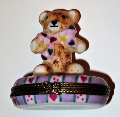 LIMOGES FRANCE BOX- CHAMART - "FIRST TOOTH" TEDDY BEAR -BOW & HEARTS- BABY TEETH