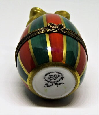 LIMOGES FRANCE BOX- CHRISTMAS -PARRY-VIEILLE- VINTAGE RED & GREEN EGG - GOLD BOW