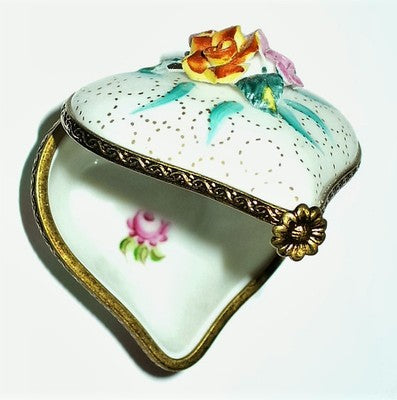 LIMOGES FRANCE BOX ~ HEART & BISQUE FLOWERS ~RIBBONS & ROSES~ ANNIVERSARY ~ MIB