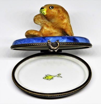 LIMOGES BOX ~ FLORIDA MANATEE & FISH ~ SEA COW ~ MARINE MAMMAL ~ PEINT MAIN