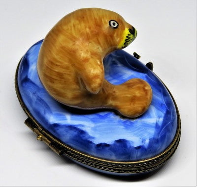 LIMOGES BOX ~ FLORIDA MANATEE & FISH ~ SEA COW ~ MARINE MAMMAL ~ PEINT MAIN