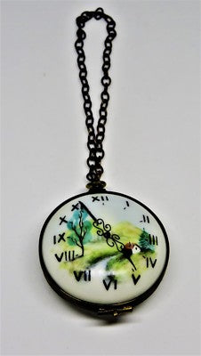 LIMOGES FRANCE BOX- ROCHARD -ANTIQUE POCKET WATCH & CHAIN- RURAL LANDSCAPE SCENE