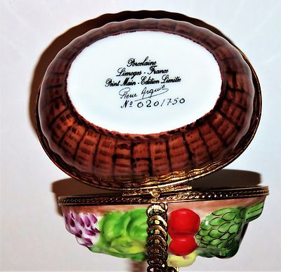LIMOGES FRANCE BOX - PIERRE ARQUIE - WICKER BASKET OF VEGETABLES & METAL HANDLE