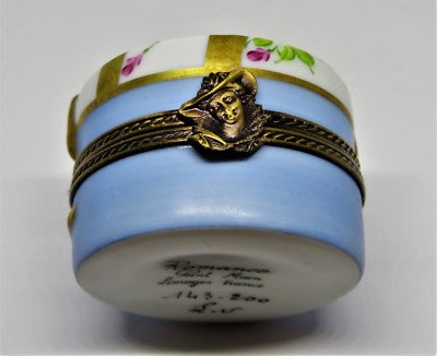 LIMOGES FRANCE BOX - ROMANCE - BLUE HAT BOX & REMOVABLE HAT - PINK FLOWERS - LE