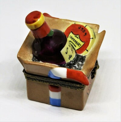 LIMOGES FRANCE BOX - CRATE WITH WINE & CHEESE - "PARIS" & "CALIFORNIA" LABELS