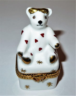 LIMOGES FRANCE BOX ~ TEDDY BEAR ~ RED HEARTS & GOLD STARS & BOW ~ ANNIVERSARY