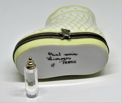 LIMOGES FRANCE BOX ~ YELLOW BABY BOOTEE & REMOVABLE BOTTLE ~ SHOE ~ PEINT MAIN