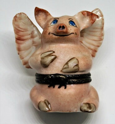 LIMOGES FRANCE BOX - ANGEL PIG - PINK PIG & WINGS - "WHEN PIGS FLY" - FLYING PIG