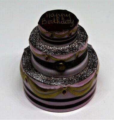 LIMOGES FRANCE BOX - PINK "HAPPY BIRTHDAY" CAKE - CHOCOLATE WTH GOLD SWAGS