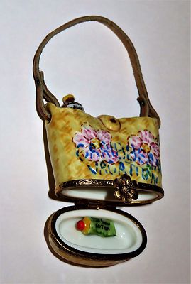 LIMOGES BOX- ARTORIA - CARIBBEAN STRAW BEACH TOTE BAG & LOTION -FLOWERS- LE #378