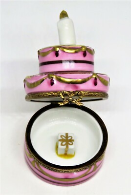 LIMOGES BOX ~ HAPPY BIRTHDAY CAKE & CANDLE & 3D GIFT ~ CHOCOLATE & STRAWBERRY