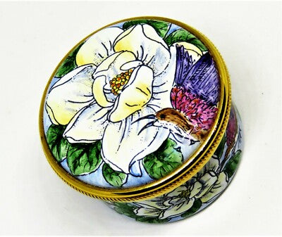 STAFFORDSHIRE ENGLISH ENAMEL BOX - MAGNOLIA FLOWERS & HUMMINGBIRDS - CHARLESTON