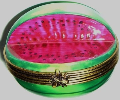 LIMOGES FRANCE BOX ~ PARRY-VIEILLE ~ WATERMELON & BEE CLASP ~ FRUIT ~ PEINT MAIN
