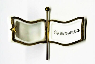 LIMOGES BOX- U. S. FLAG & POLE - STARS & STRIPES - "GOD BLESS AMERICA" -JULY 4TH