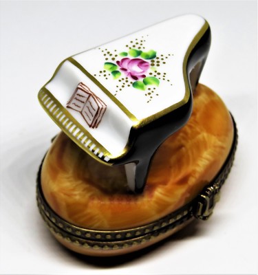 LIMOGES FRANCE BOX ~ PV ~ GRAND PIANO & PINK ROSE ~ LYRE & G-CLEF ~PEINT MAIN