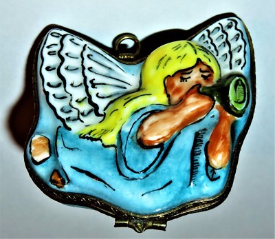 LIMOGES BOX - CHRISTMAS TREE ORNAMENT - ANGEL IN A BLUE GOWN BLOWING A HORN