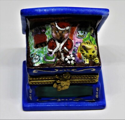 LIMOGES FRANCE BOX - CHRISTMAS - TOY CHEST & A TEDDY BEAR IN A SANTA CLAUS SUIT