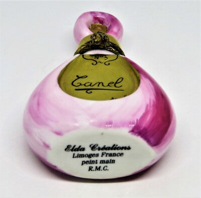 LIMOGES FRANCE BOX - ELDA - PINK & GOLD PERFUME BOTTLE - LADY'S HEAD CLASP