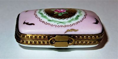 LIMOGES FRANCE BOX - TINY RECTANGLE - PINK ROSE & GOLD FEATHERS - FLOWERS - "MC"
