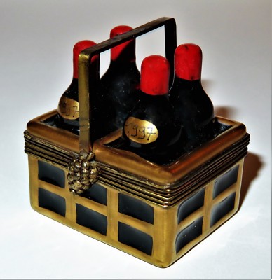 LIMOGES FRANCE BOX ~ PV ~ 1997 WINE BOTTLES IN A BASKET ~ CORKSCREW ~ PEINT MAIN