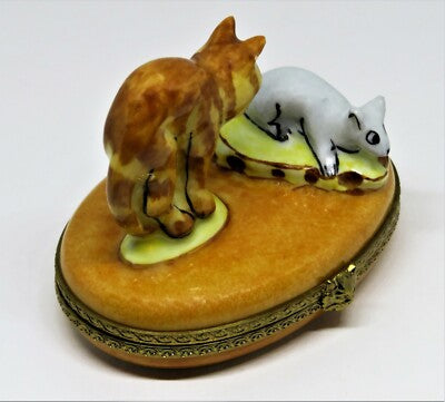 LIMOGES FRANCE BOX - VINTAGE TABBY CAT & MOUSE & SWISS CHEESE - CAT FACE CLASP
