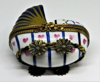 LIMOGES BOX~ BABY IN PINK & BLUE CARRIAGE ~ PRAM ~ BOTTLE INSIDE ~ PEINT MAIN