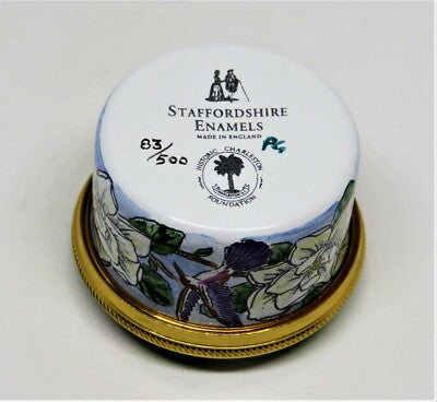 STAFFORDSHIRE ENGLISH ENAMEL BOX - MAGNOLIA FLOWERS & HUMMINGBIRDS - CHARLESTON