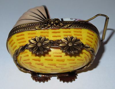 LIMOGES FRANCE BOX- ROCHARD - WICKER BABY CARRIAGE & PINK BLANKET & BOTTLE -GIRL