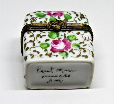 LIMOGES FRANCE BOX - FLORAL PERFUME CHEST & 2 BOTTLES - PINK ROSES & GOLD VINES