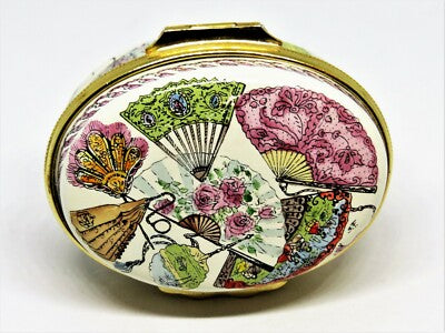 HALCYON DAYS ENGLISH ENAMEL BOX - ASIAN FANS - FLOWERS & FEATHERS - TASSELS