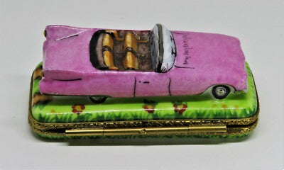 LIMOGES FRANCE BOX - PINK CADILLAC ELDORADO CAR - GUITAR CLASP - ELVIS PRESLEY