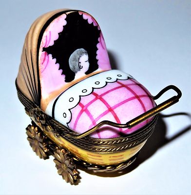 LIMOGES FRANCE BOX- ROCHARD - WICKER BABY CARRIAGE & PINK BLANKET & BOTTLE -GIRL