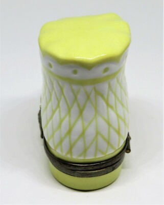 LIMOGES FRANCE BOX ~ YELLOW BABY BOOTEE & REMOVABLE BOTTLE ~ SHOE ~ PEINT MAIN