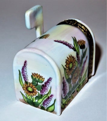 LIMOGES FRANCE BOX -ROCHARD- MAILBOX -SUNFLOWERS & HOLLYHOCKS- LETTER & POSTCARD