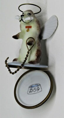 LIMOGES FRANCE BOX ~ SPANIEL DOG & WINGS - ANGEL DOG ~ LEASH CLASP ~ PEINT MAIN