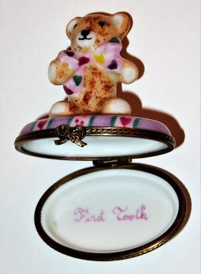 LIMOGES FRANCE BOX- CHAMART - "FIRST TOOTH" TEDDY BEAR -BOW & HEARTS- BABY TEETH