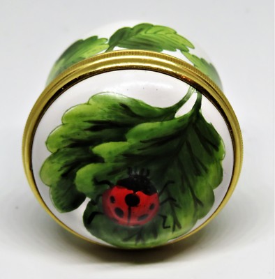 HALCYON DAYS ENAMEL BOX - THREE DIMENSIONAL LADY BUG & LEAVES - LADY BUGS