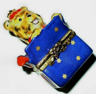 LIMOGES FRANCE BOX~ ELDA ~ YORKSHIRE TERRIER DOG IN GIFT BOX ~YORKIE~ PEINT MAIN