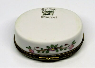 LIMOGES FRANCE BOX - EXIMIOUS -GREEN OVAL FLORAL- HEART & BIRDS & NEST & FLOWERS