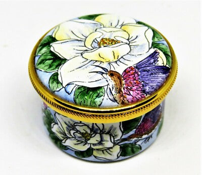 STAFFORDSHIRE ENGLISH ENAMEL BOX - MAGNOLIA FLOWERS & HUMMINGBIRDS - CHARLESTON