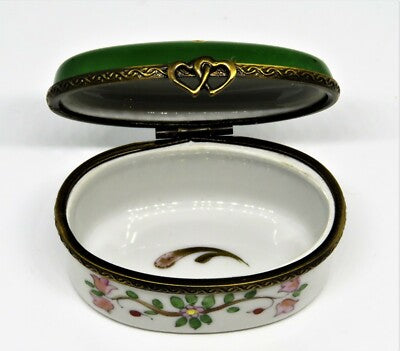 LIMOGES FRANCE BOX - EXIMIOUS -GREEN OVAL FLORAL- HEART & BIRDS & NEST & FLOWERS